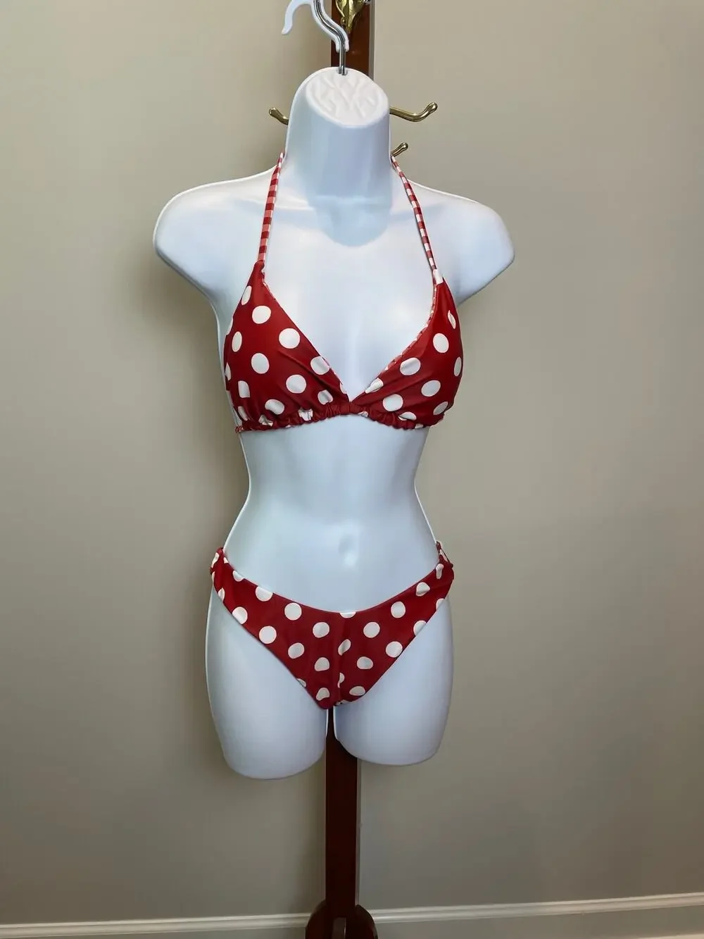 Red White Polka Dot High Cut High Leg Checkered Reversible Bikini Size L